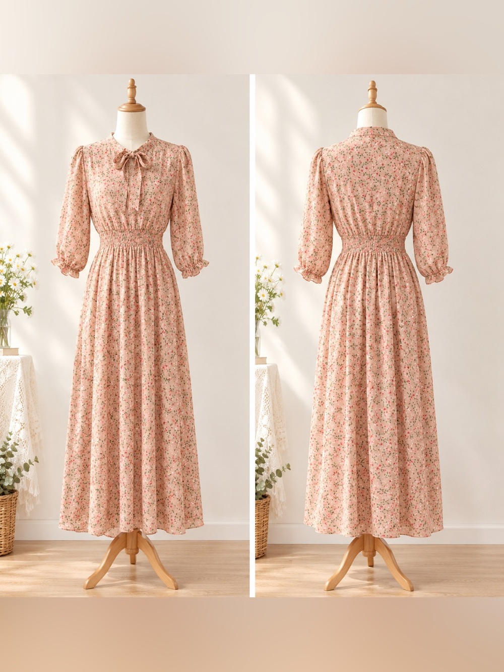 Smocked Waist Floral Maxi Dress with Tie Neck in Blush Pink